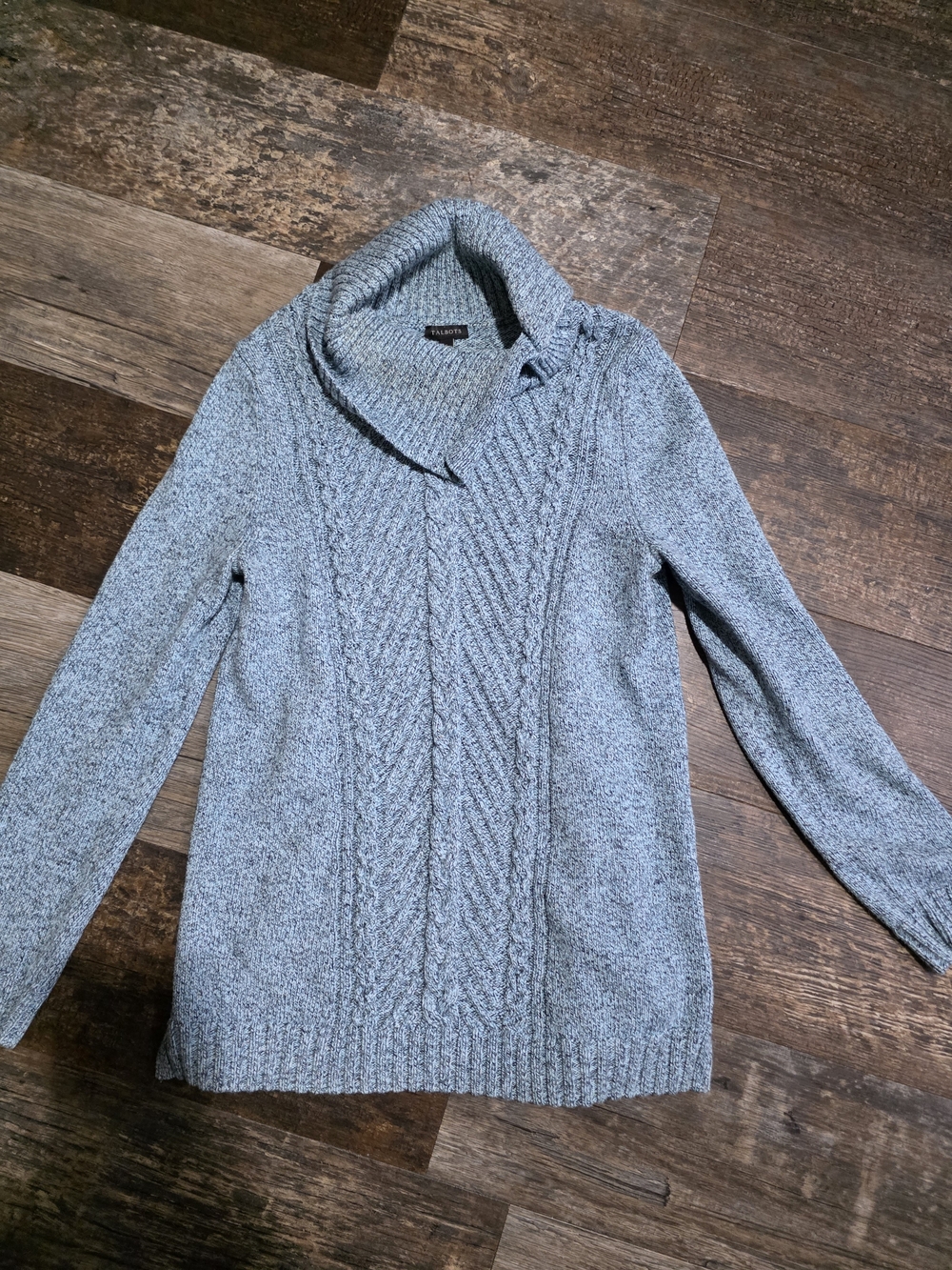 Talbots Light Gray Cable Knit Shawl Collar Turtleneck Sweater